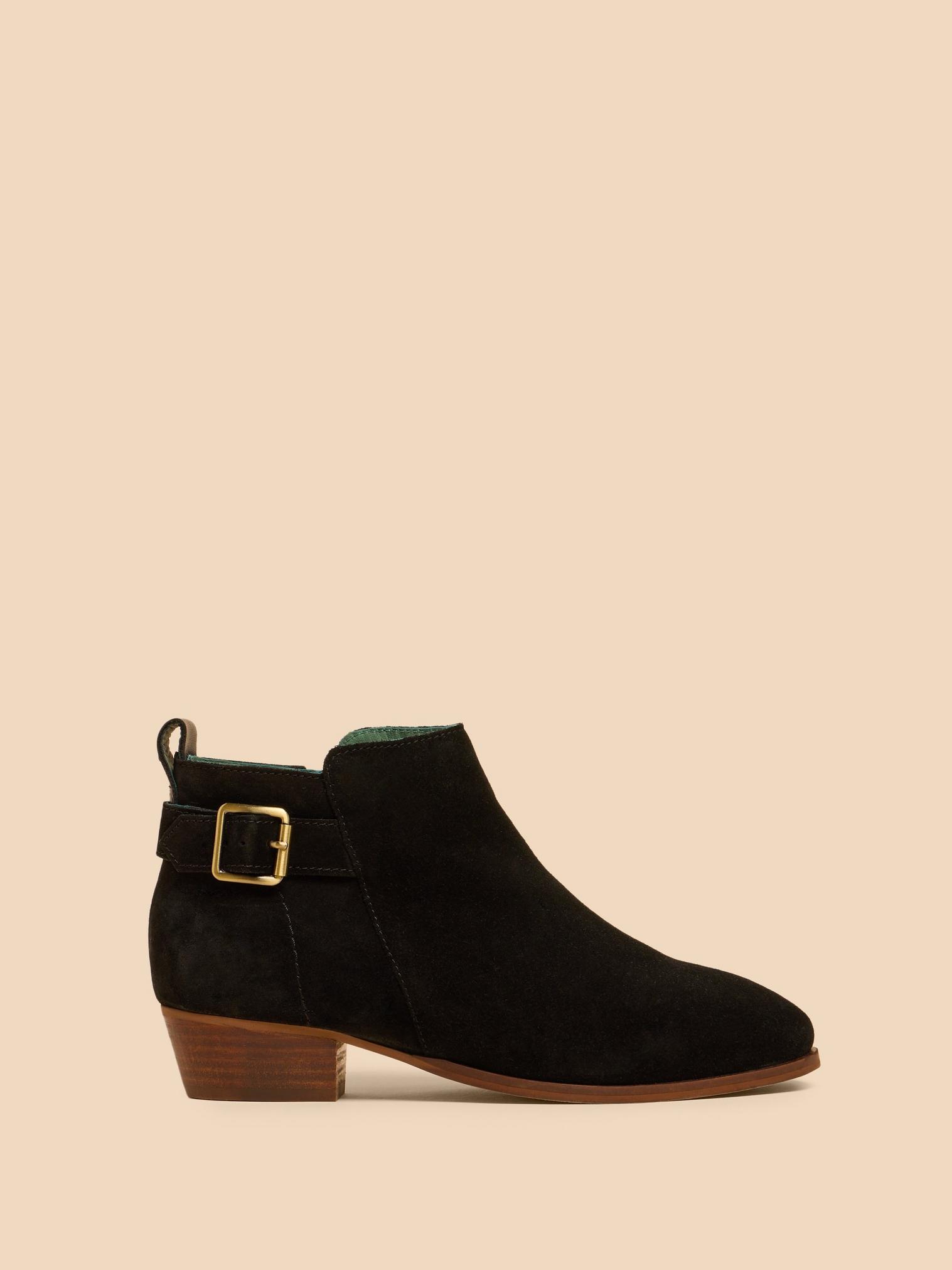Willow Suede Buckle Ankle Boot in PURE BLK - MODEL FRONT