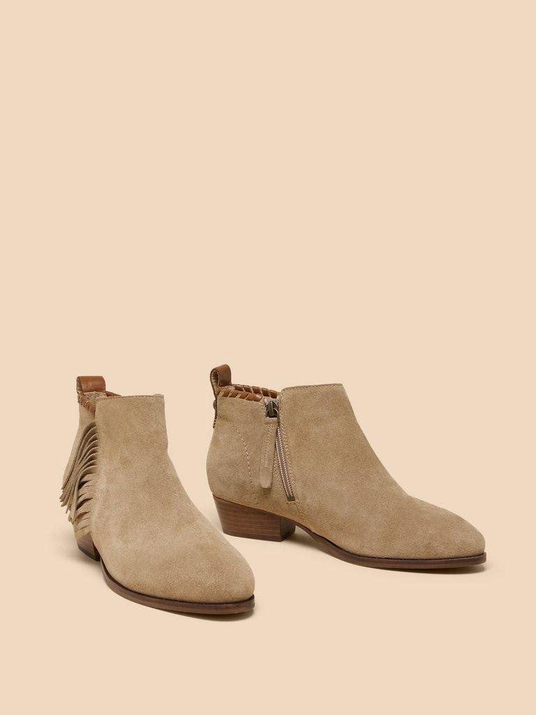 Acacia Suede Fringe Ankle Boot in LGT NAT - FLAT FRONT