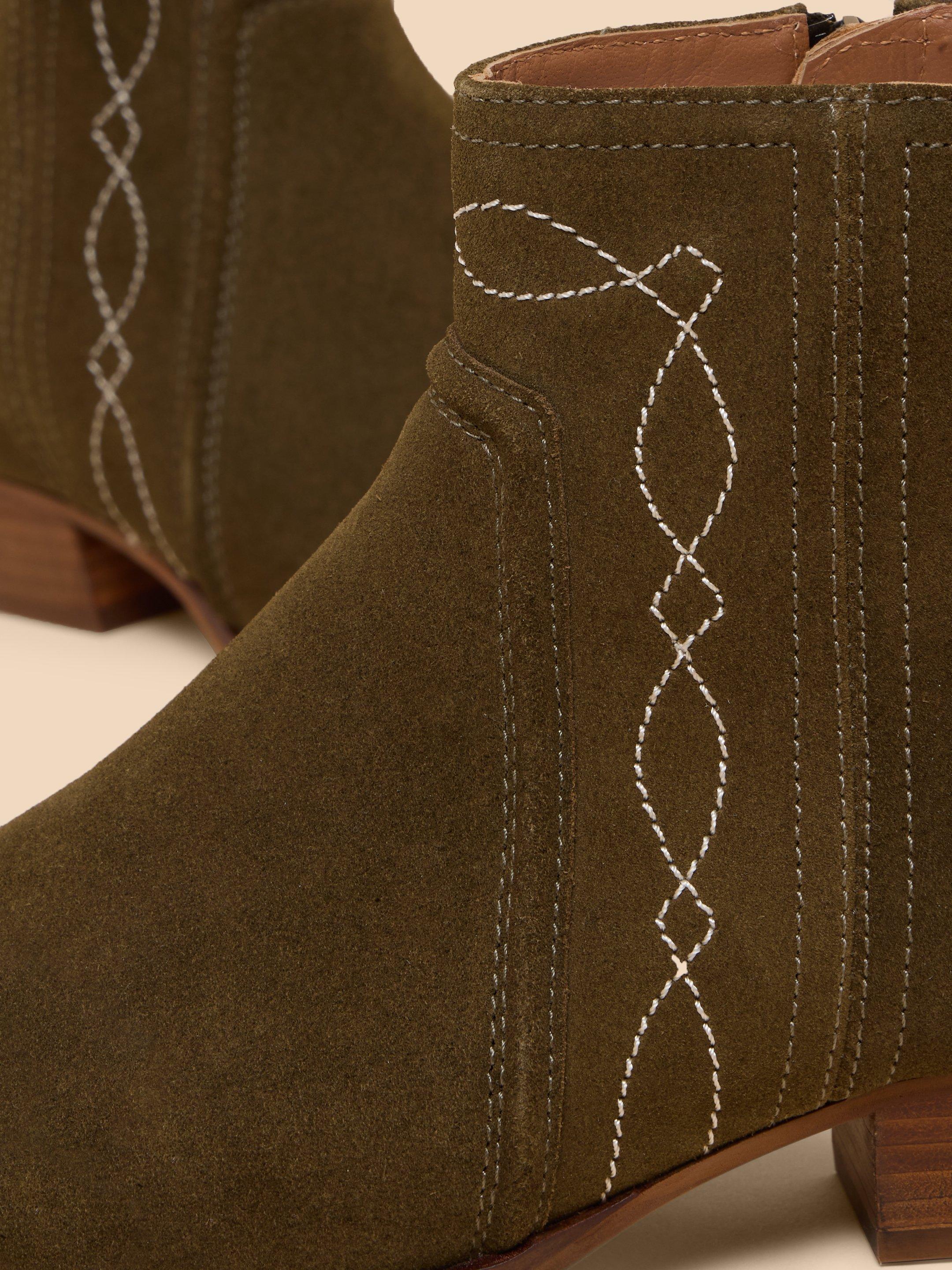 Cedar Suede Embroidered Boot in KHAKI GRN - FLAT DETAIL