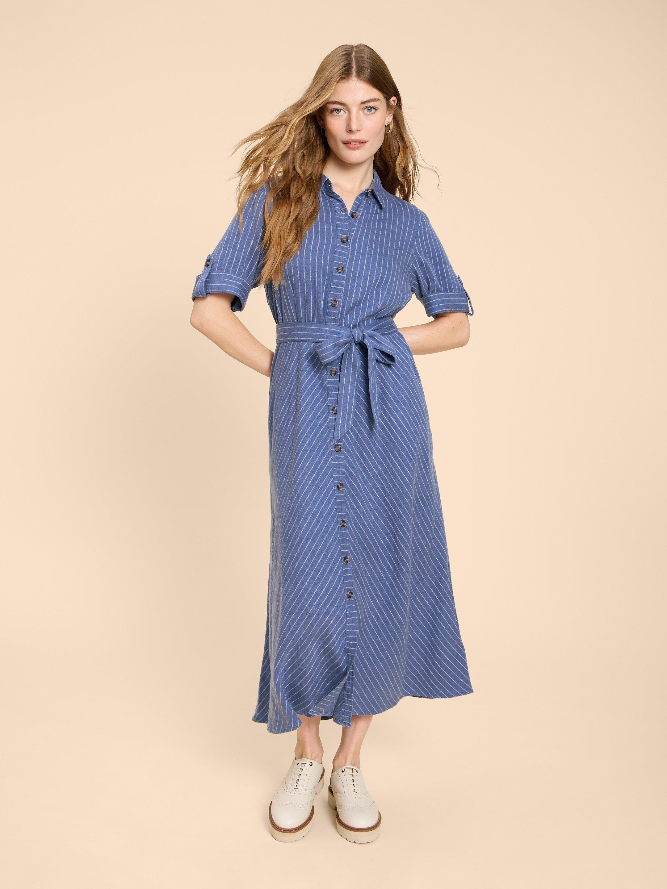 Beth Linen Blend Shirt Dress in BLUE MLT - LIFESTYLE