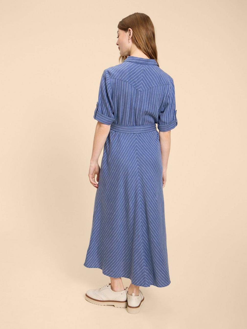 Beth Linen Blend Shirt Dress in BLUE MLT - MODEL BACK