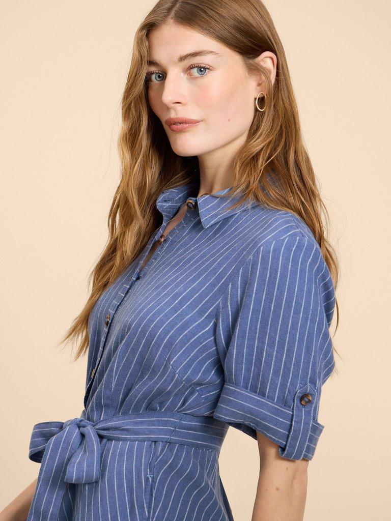 Beth Linen Blend Shirt Dress in BLUE MLT - MODEL DETAIL
