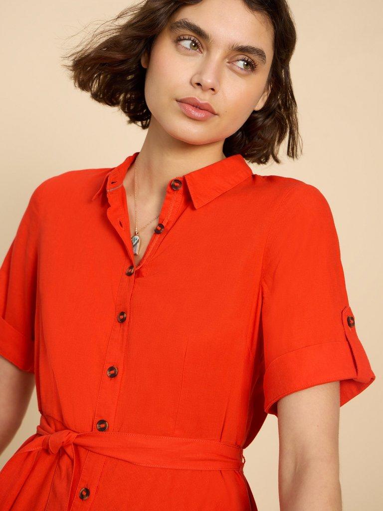 Beth Linen Blend Shirt Dress in BRT ORANGE - MODEL DETAIL