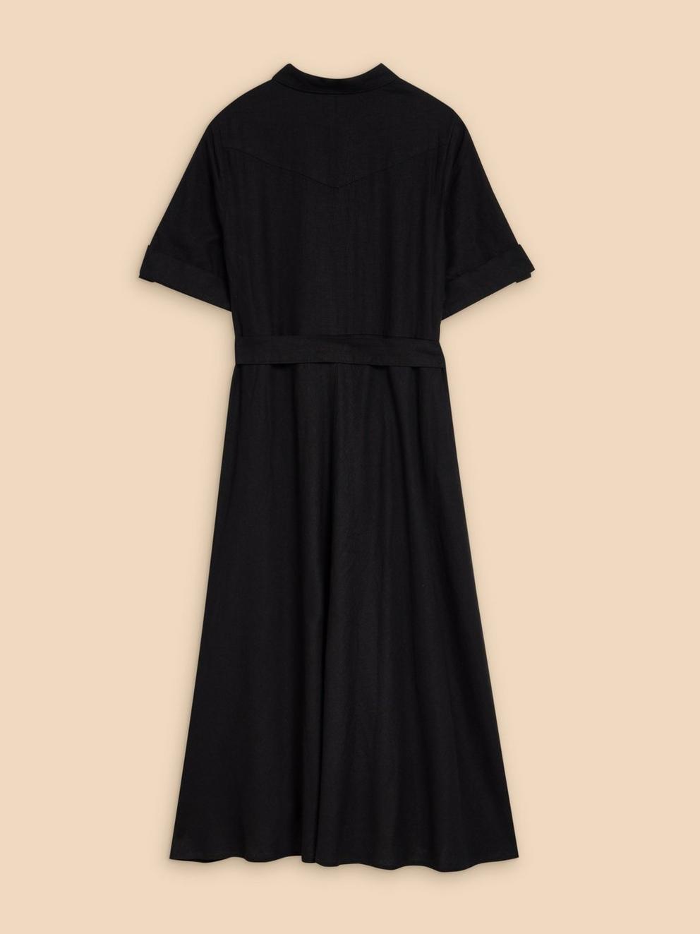Beth Linen Blend Shirt Dress in PURE BLK - FLAT BACK
