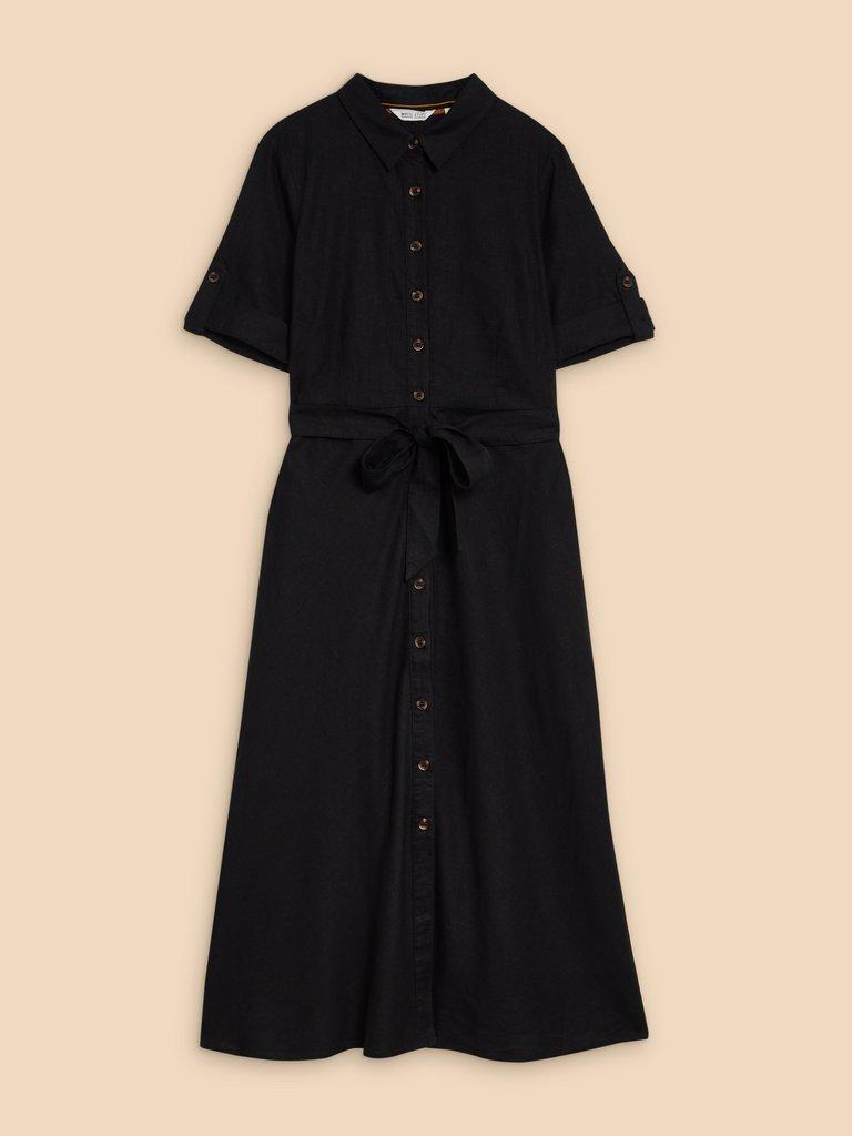 Beth Linen Blend Shirt Dress in PURE BLK - FLAT FRONT