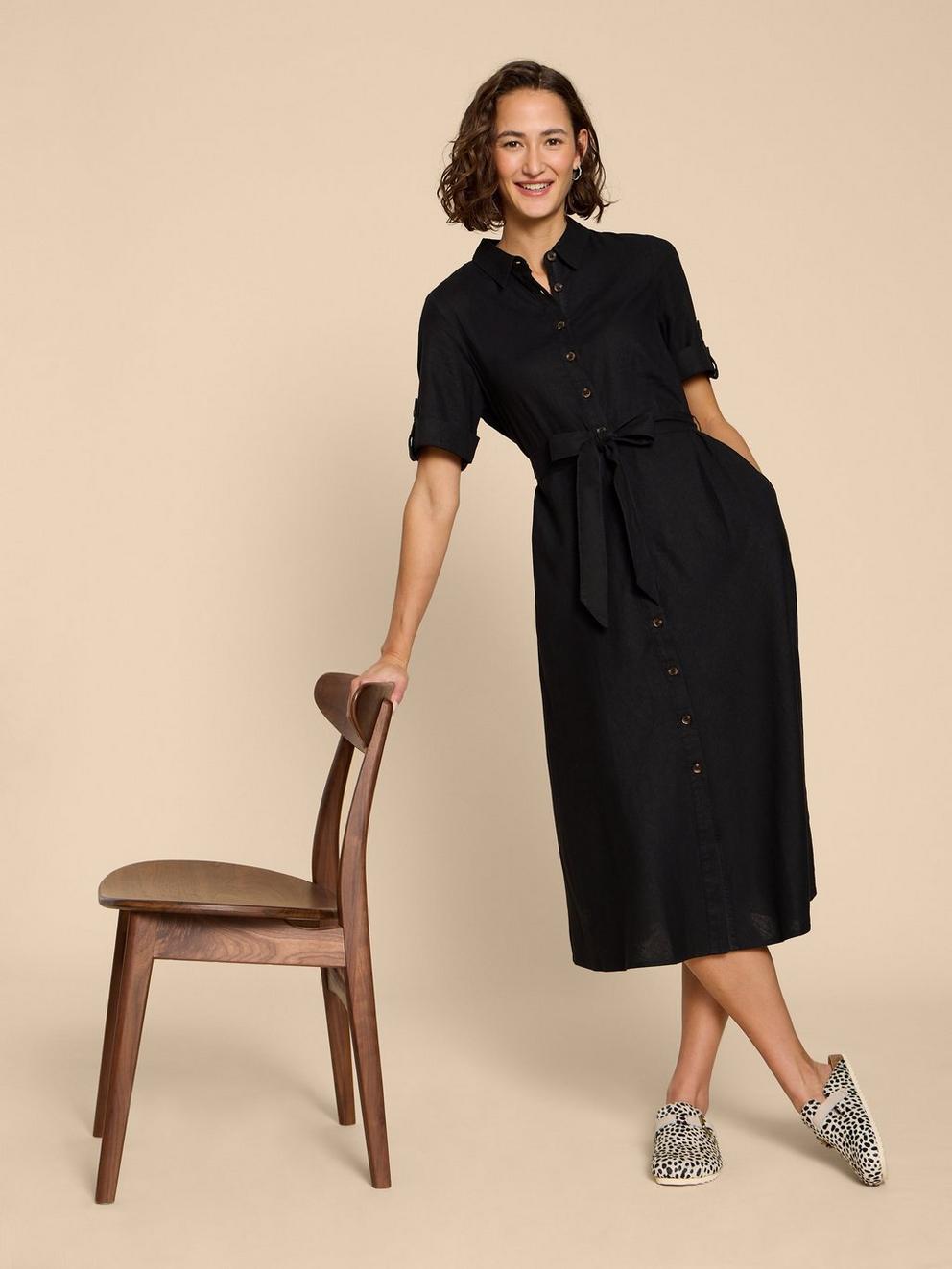 Beth Linen Blend Shirt Dress in PURE BLACK White Stuff