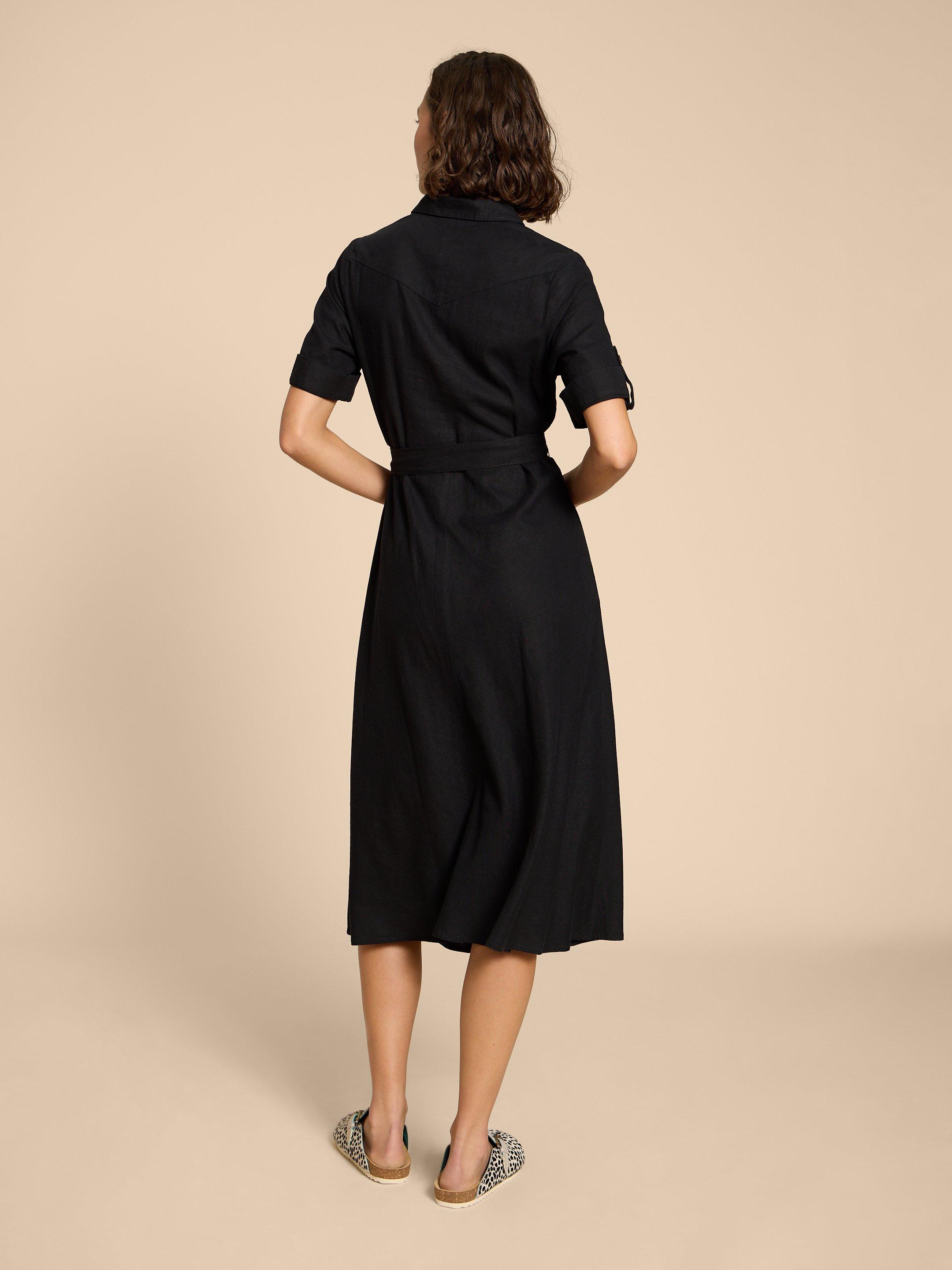 Beth Linen Blend Shirt Dress in PURE BLK - MODEL BACK