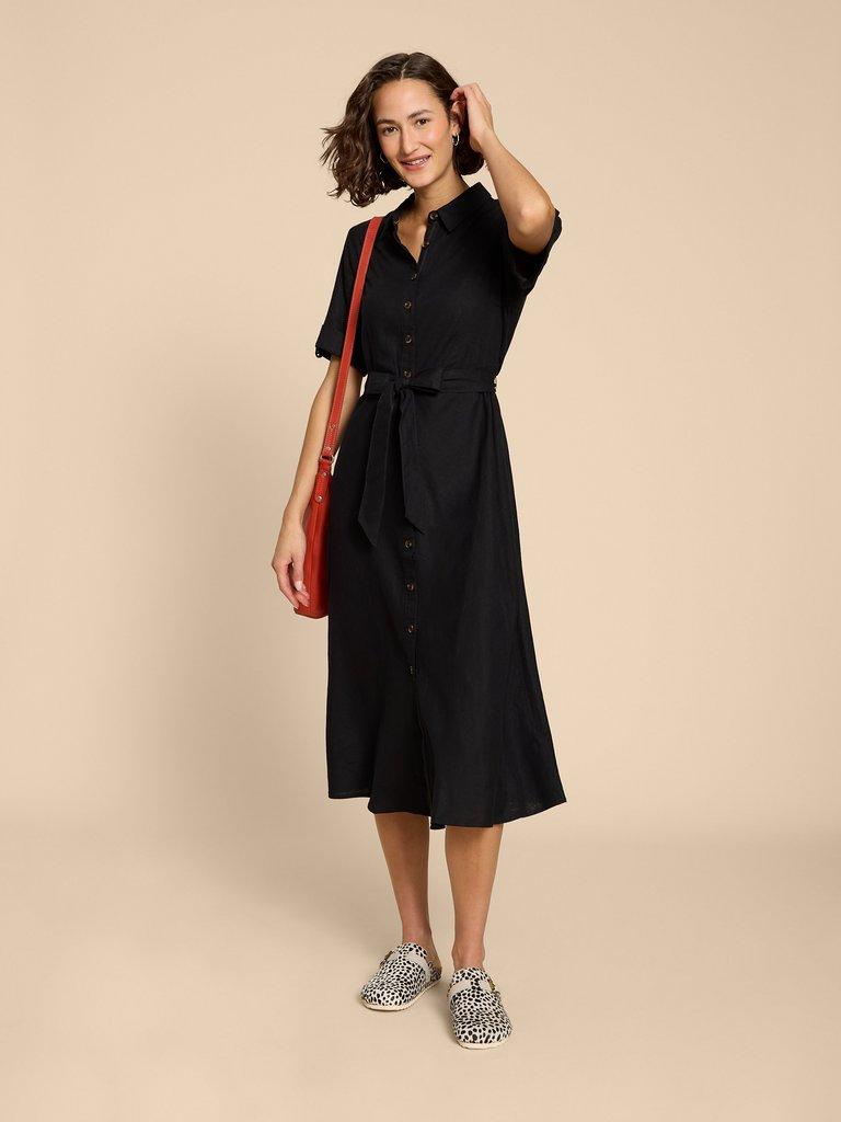 Beth Linen Blend Shirt Dress in PURE BLK - MODEL FRONT