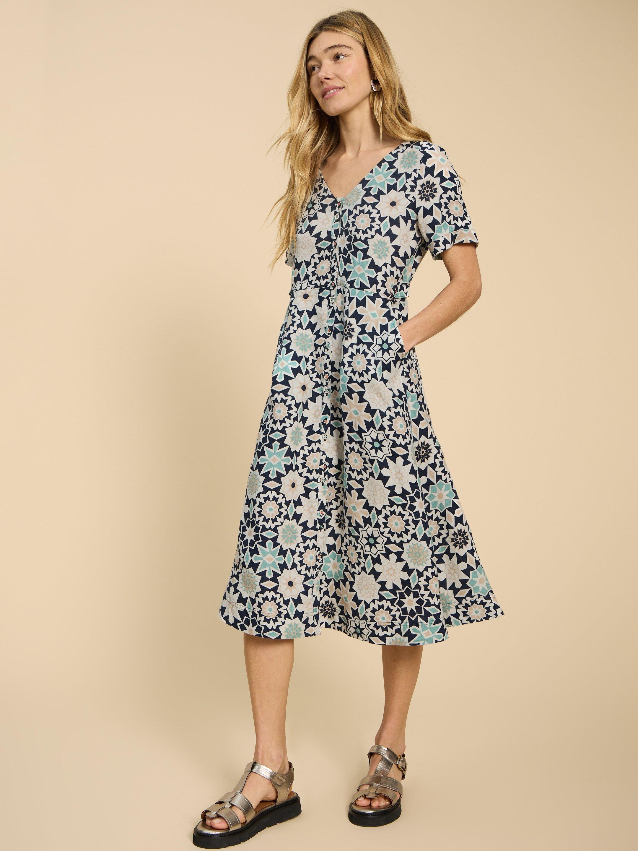 Ivy Linen V Neck Midi Dress in BLUE PRINT