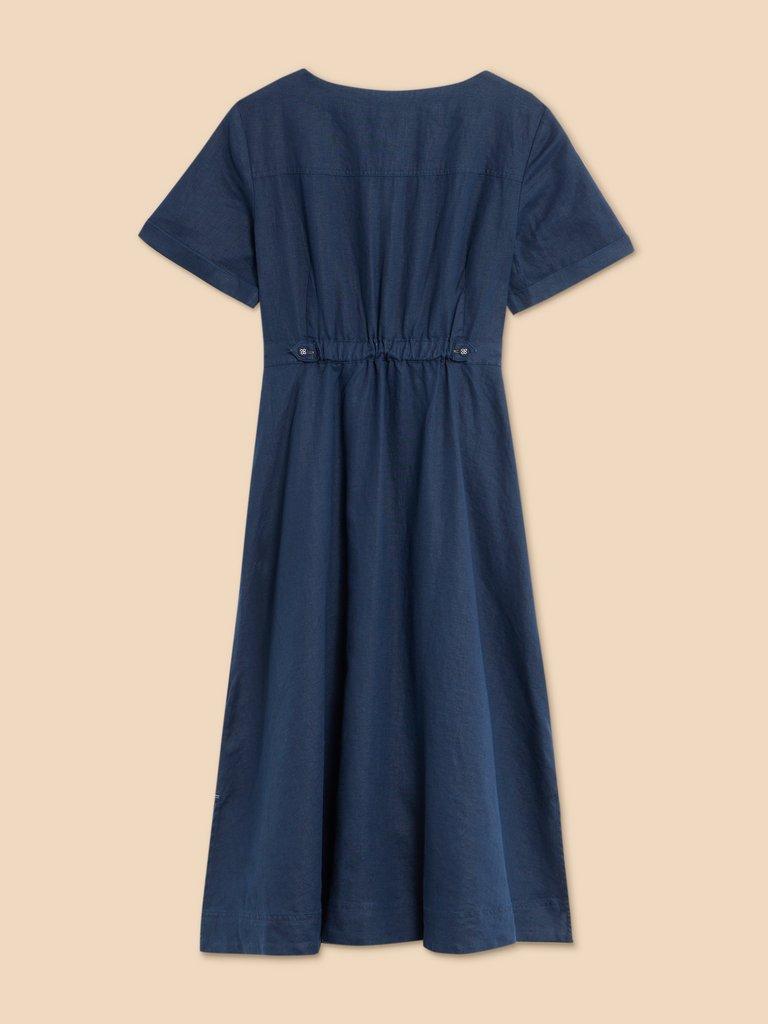 Ivy Linen V Neck Midi Dress in DARK NAVY - FLAT BACK