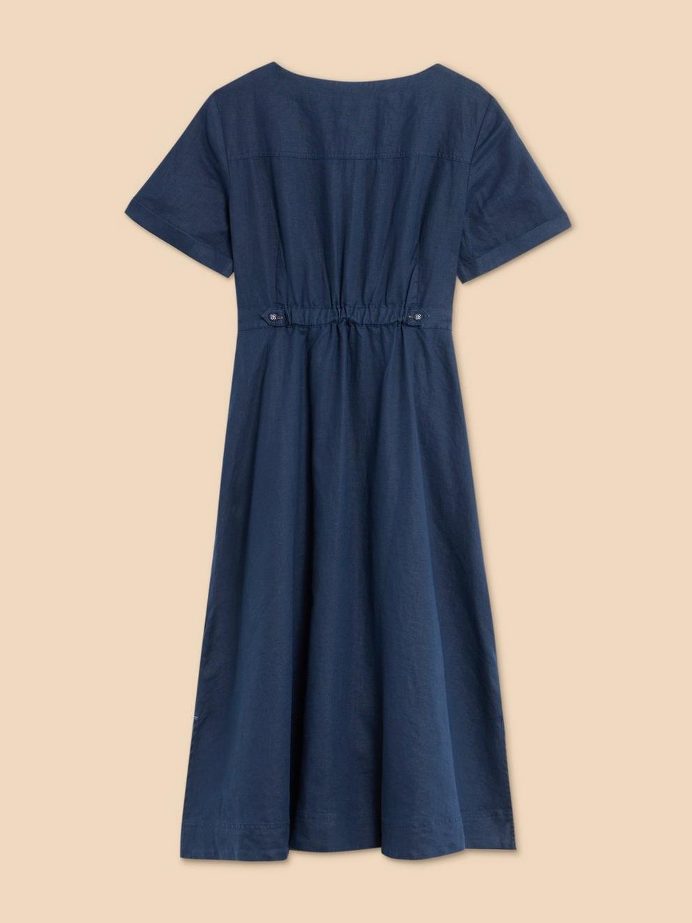 Ivy Linen V Neck Midi Dress in DARK NAVY - FLAT BACK