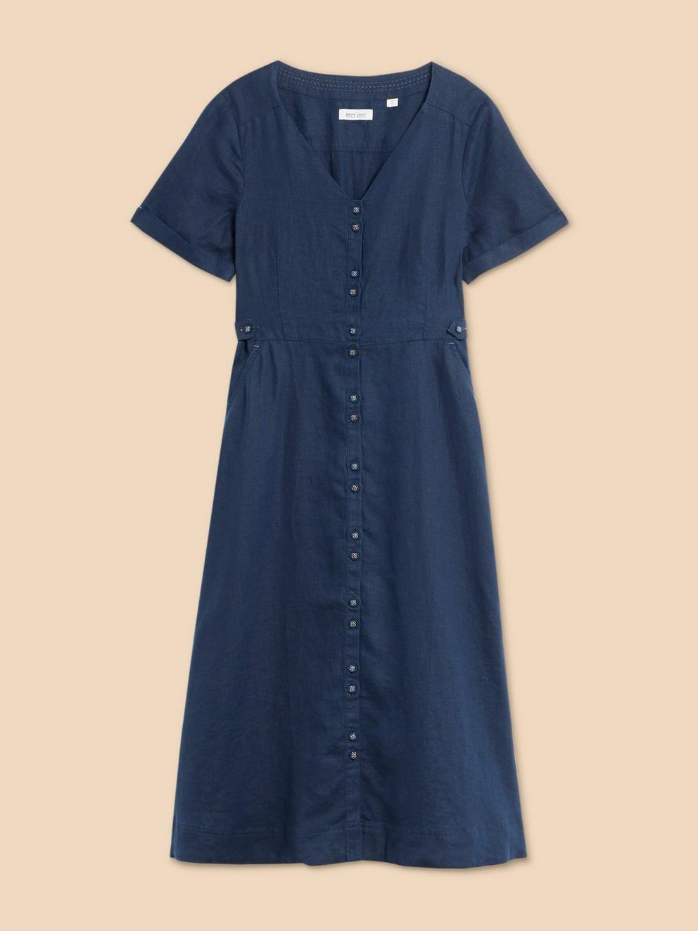 Ivy Linen V Neck Midi Dress in DARK NAVY - FLAT FRONT