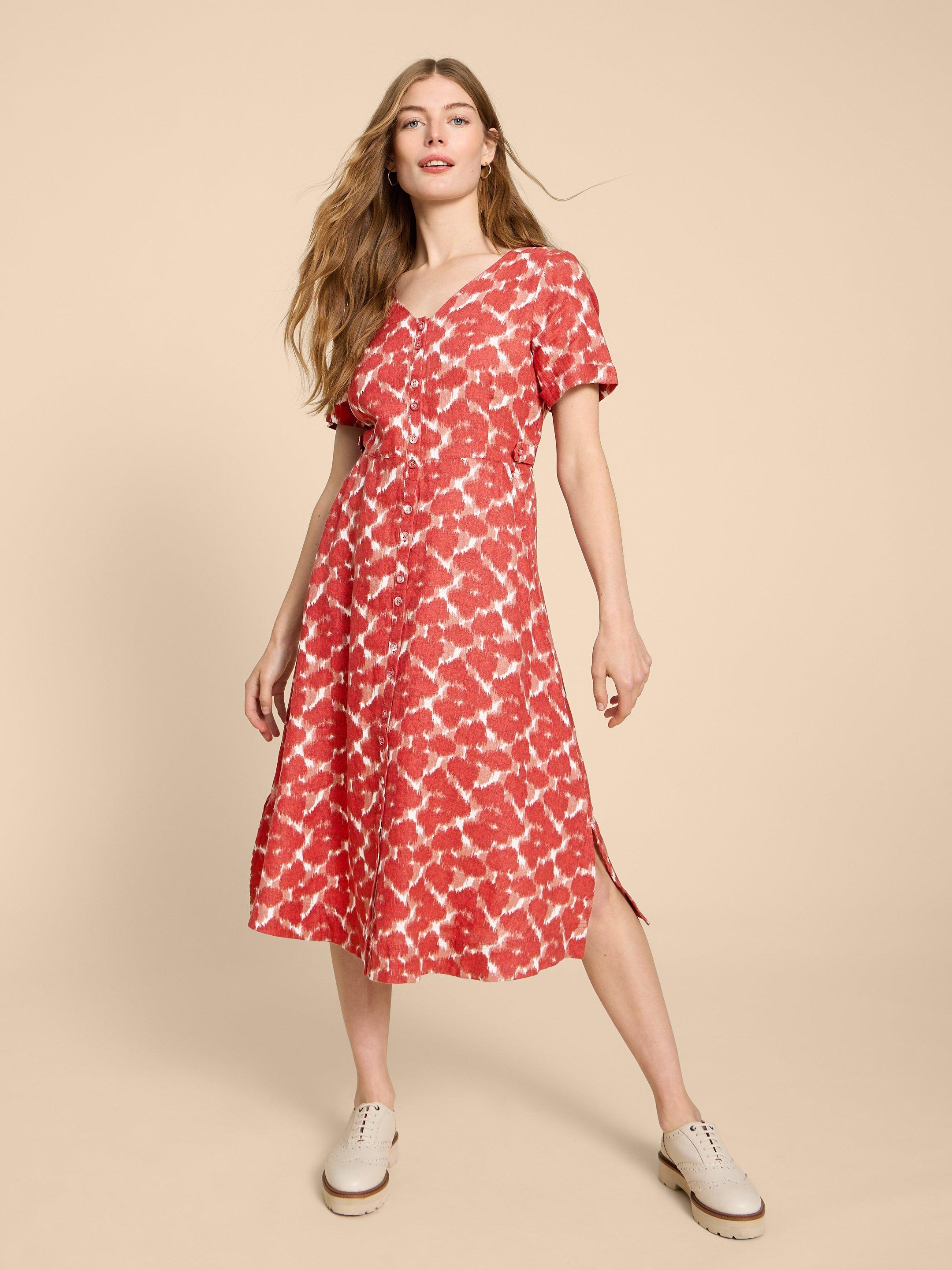 Ivy Linen V Neck Midi Dress in RED PR - LIFESTYLE
