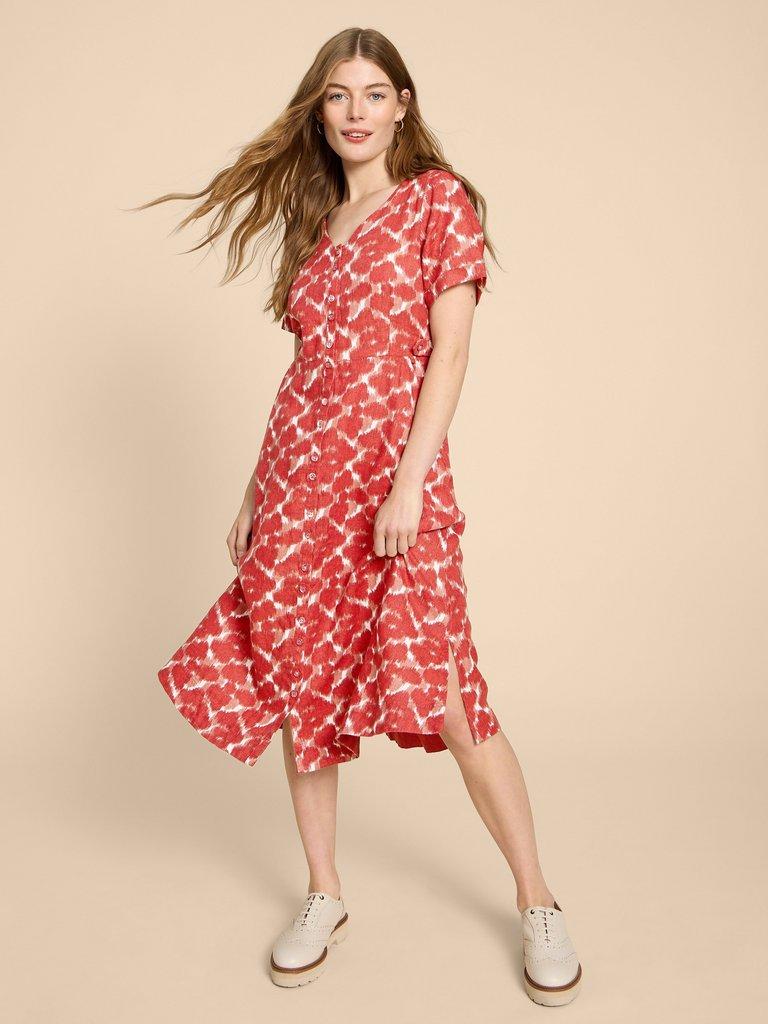 Ivy Linen V Neck Midi Dress in RED PR - MODEL FRONT