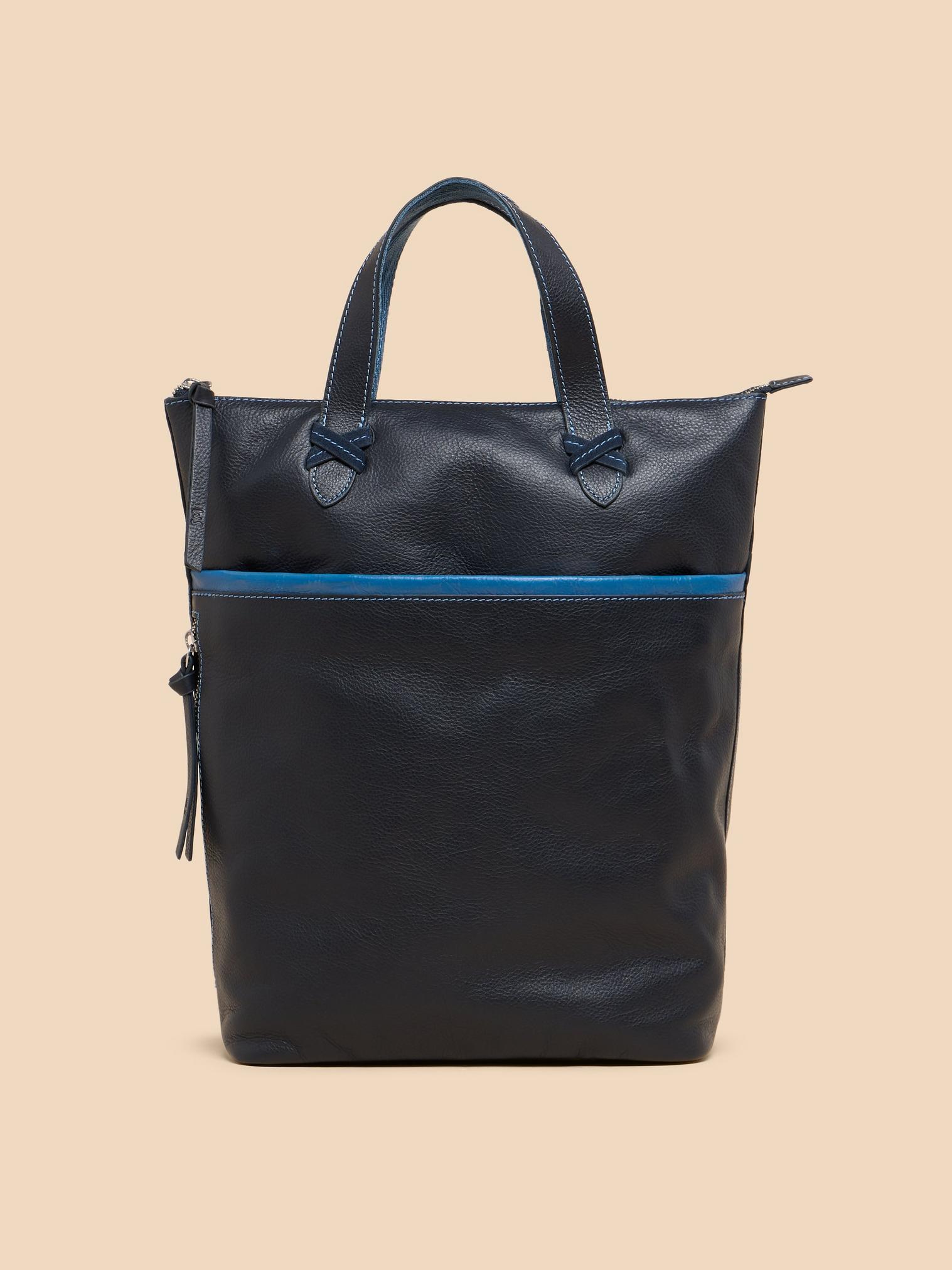 Leather Convertible Backpack in DARK NAVY - MODEL FRONT