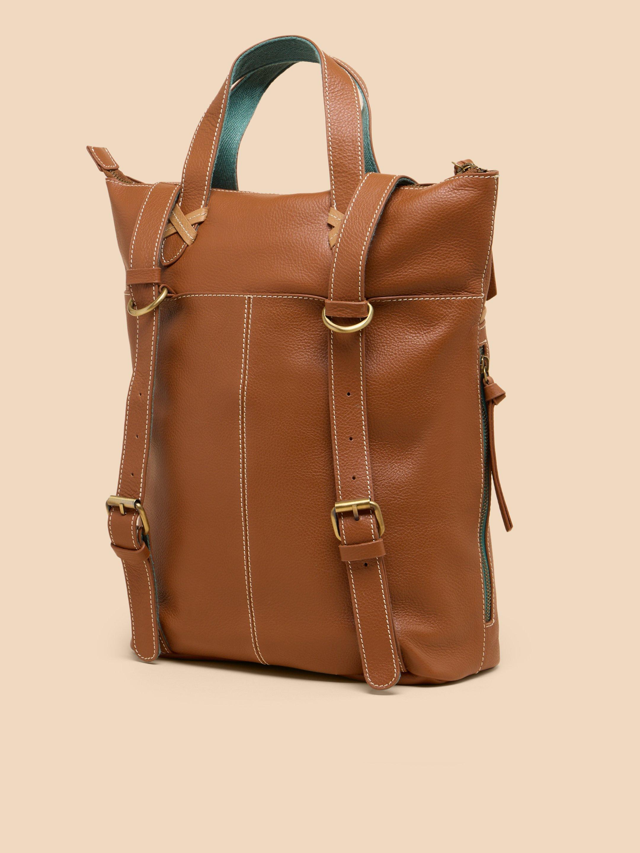Leather Convertible Backpack in MID TAN - FLAT BACK