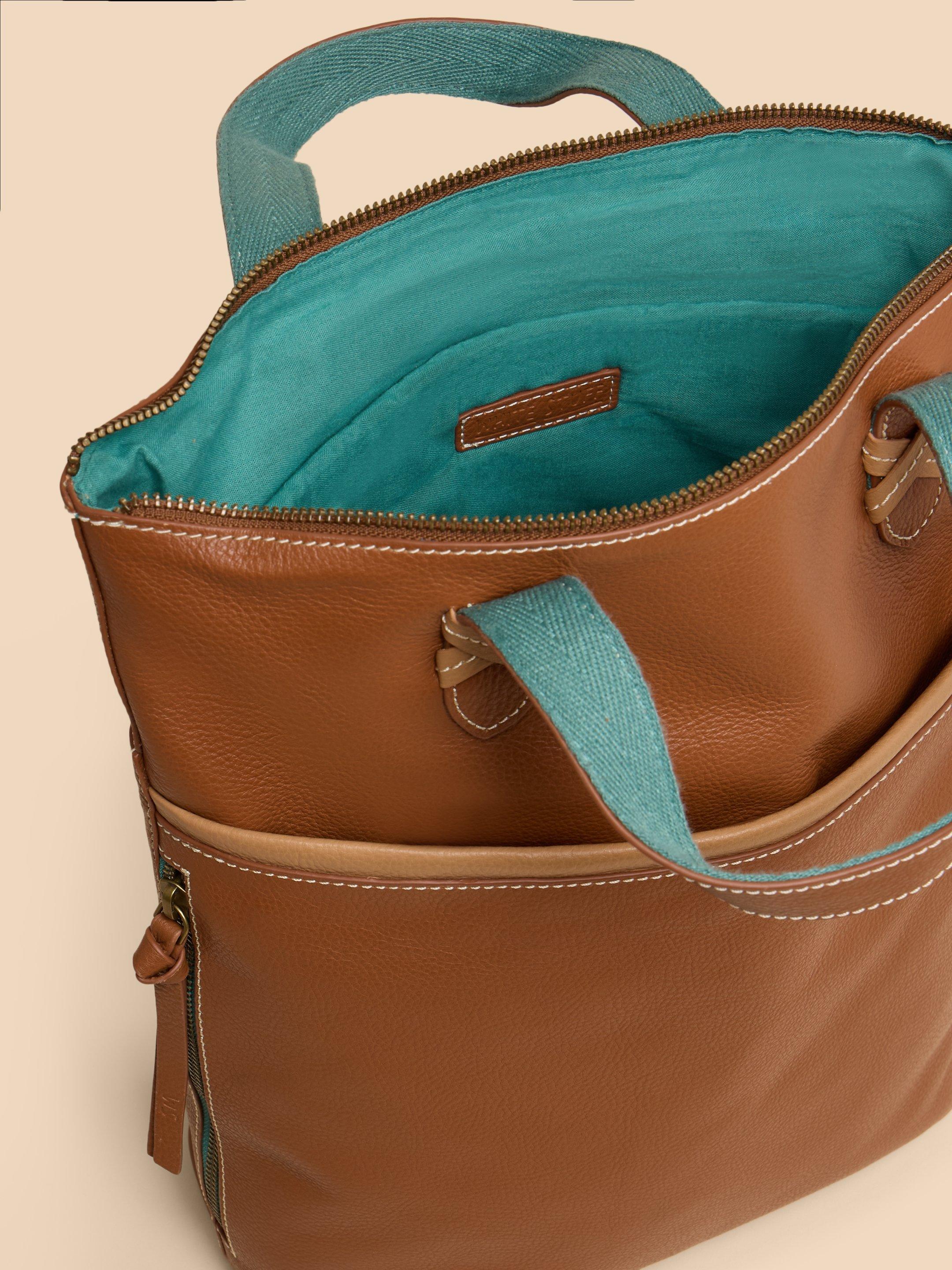 Leather Convertible Backpack in MID TAN - FLAT DETAIL