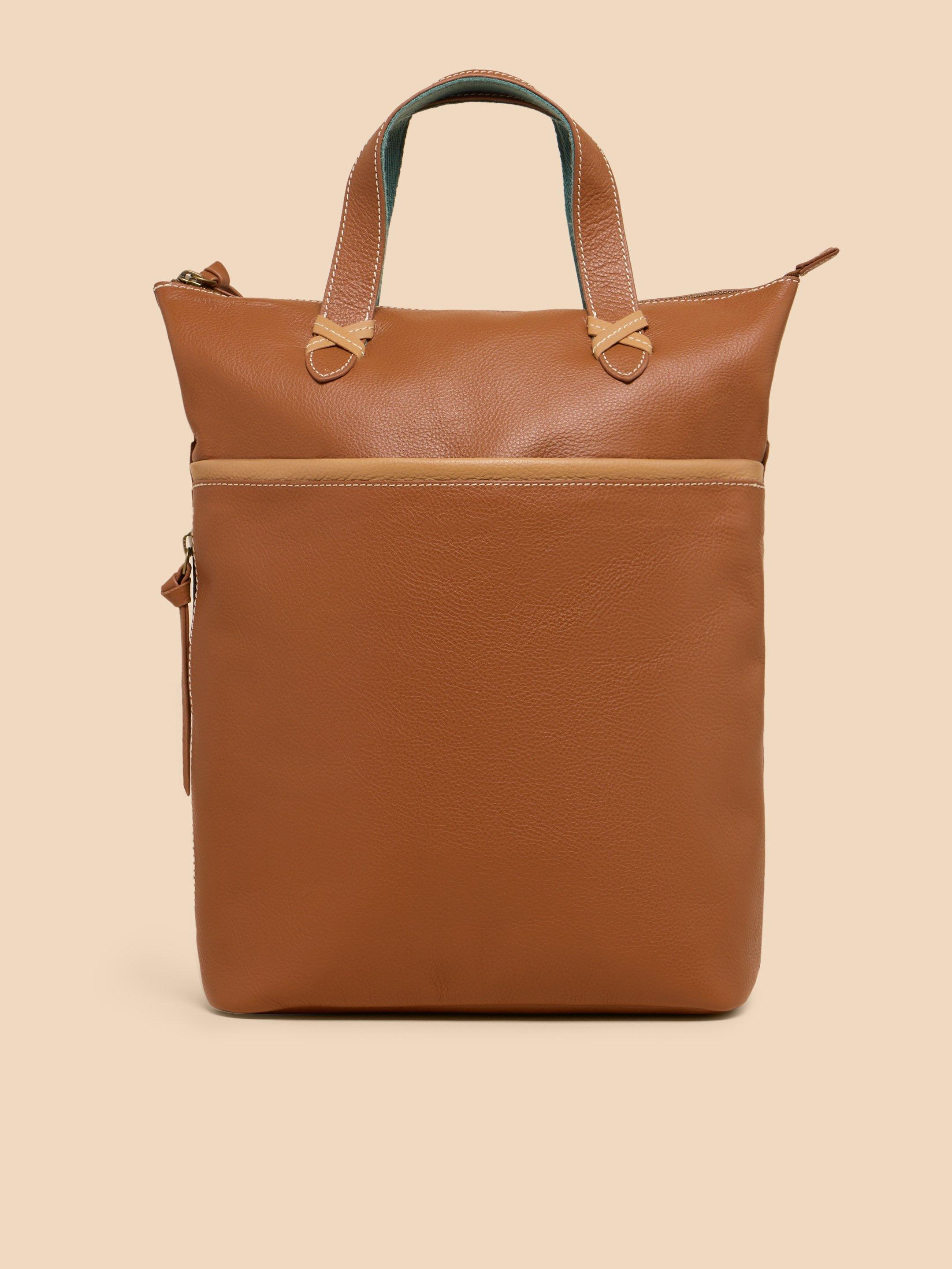 Leather Convertible Backpack in MID TAN - MODEL FRONT