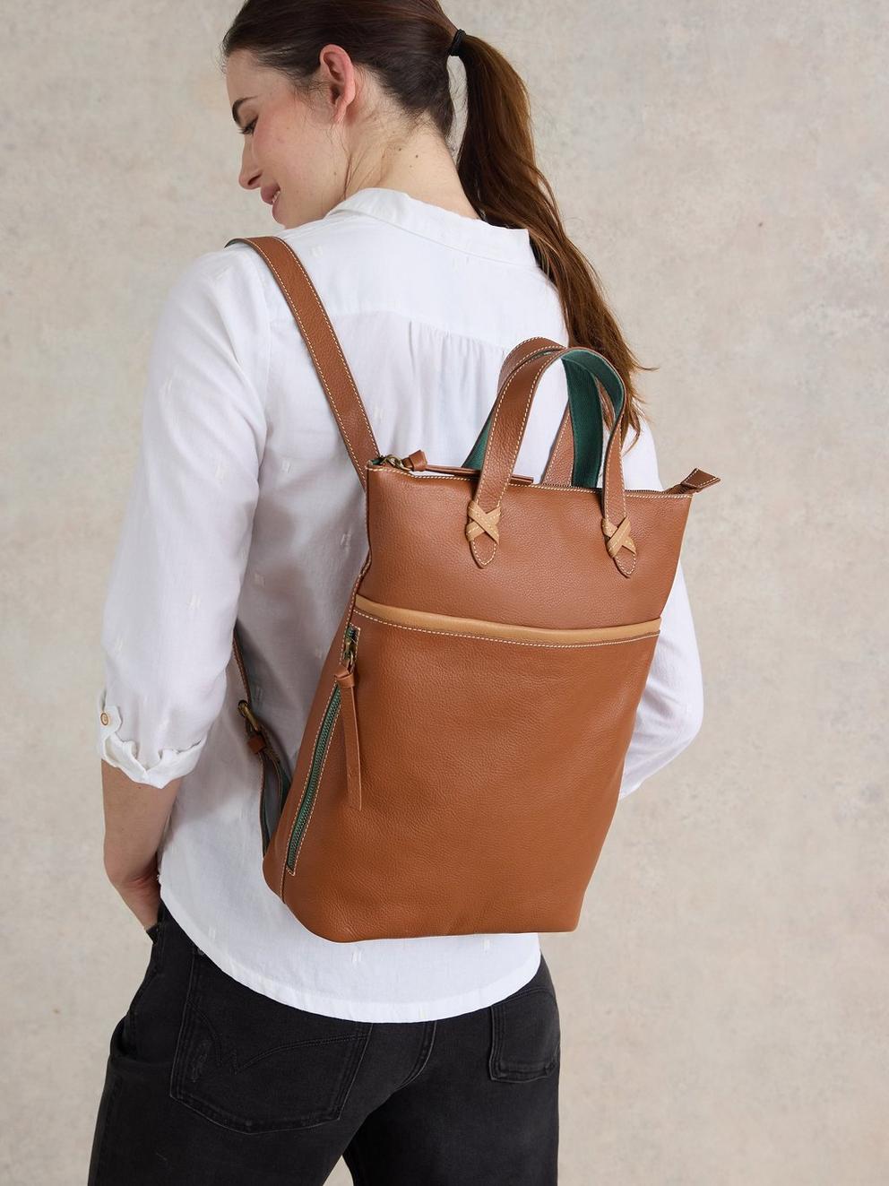 Leather Convertible Backpack in MID TAN White Stuff