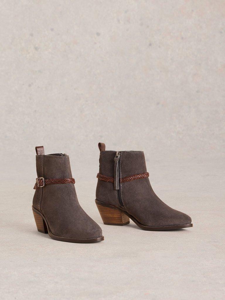 Peony Suede Plait Strap Boot in CHARC GREY - FLAT FRONT