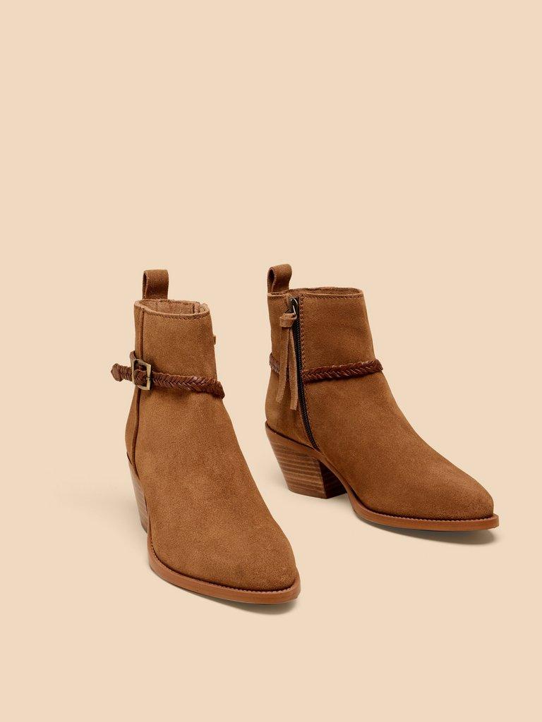 Peony Suede Plait Strap Boot in MID TAN - FLAT FRONT