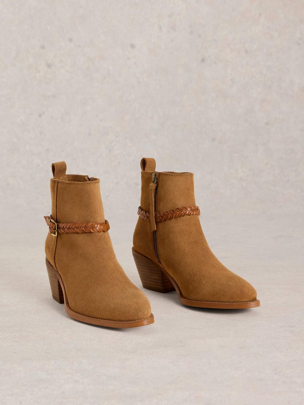 Peony Suede Plait Strap Boot in MID TAN - FLAT FRONT