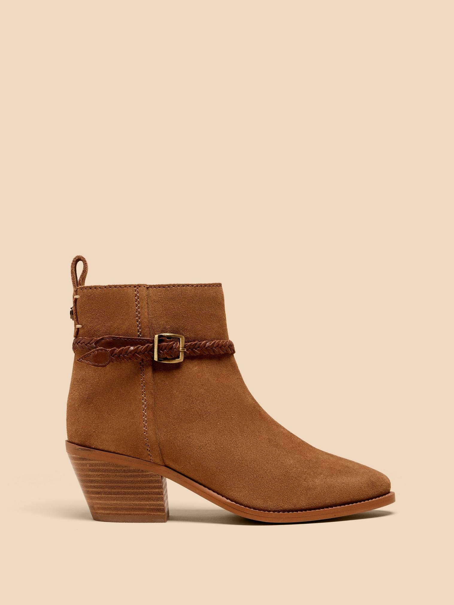 Peony Suede Plait Strap Boot in MID TAN - MODEL FRONT