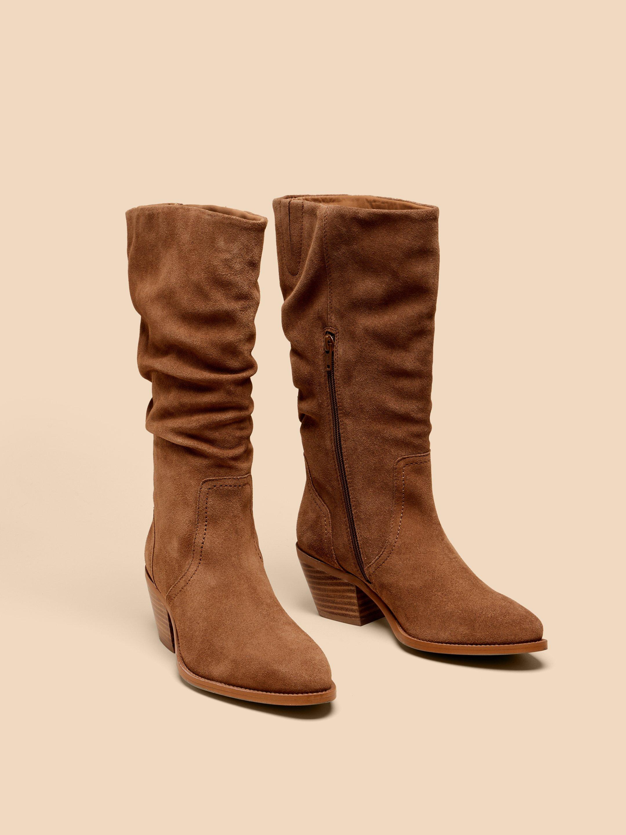 Azalea Suede Mid Slouch Boot in LIGHT TAN - FLAT FRONT