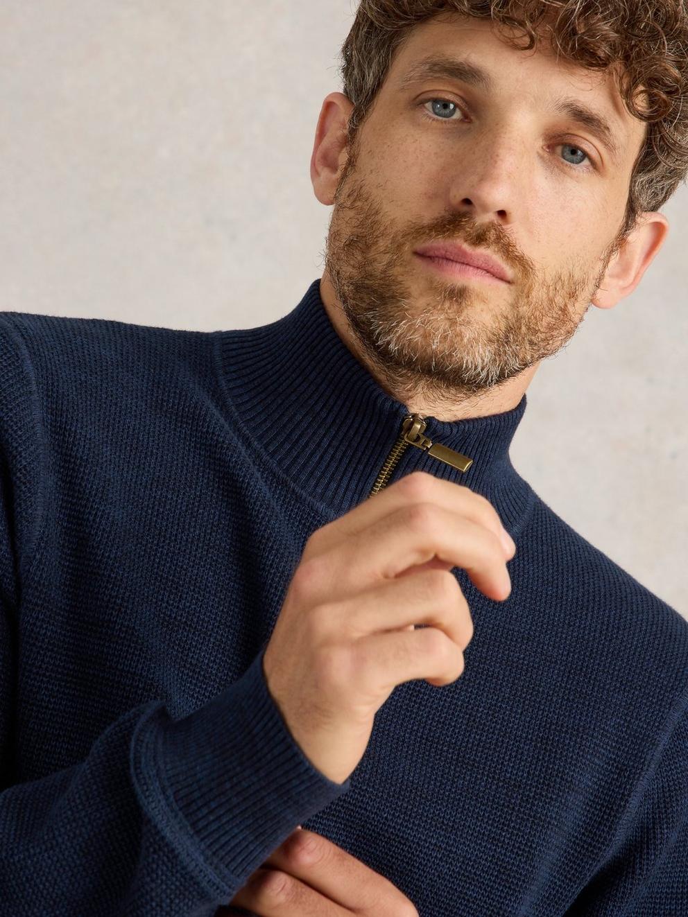 Attadale Funnel Neck Jumper in DARK NAVY - MODEL DETAIL