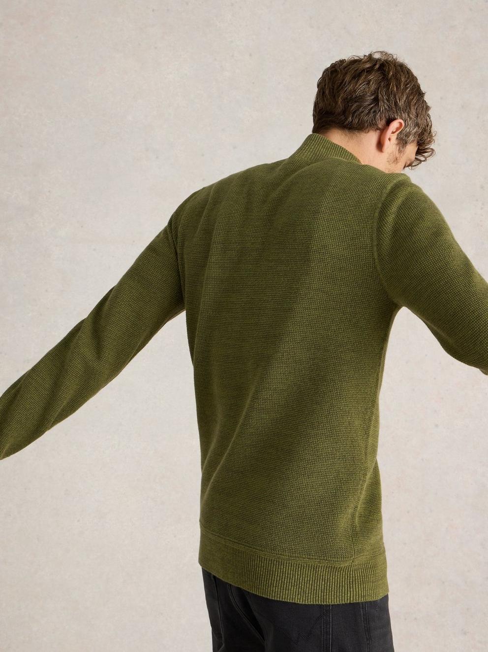 Attadale Funnel Neck Jumper in KHAKI GRN - MODEL BACK