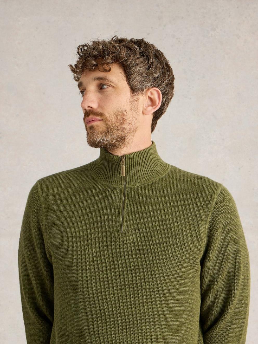 Attadale Funnel Neck Jumper in KHAKI GRN - MODEL DETAIL