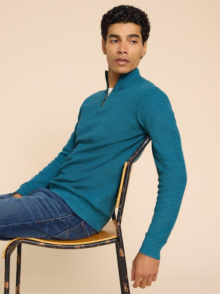 Attadale Funnel Neck Jumper in MID TEAL - LIFESTYLE