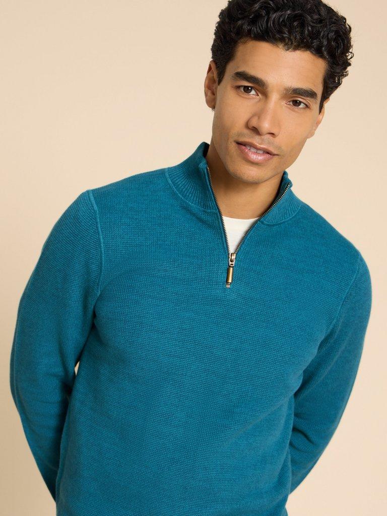 Attadale Funnel Neck Jumper in MID TEAL - MODEL DETAIL