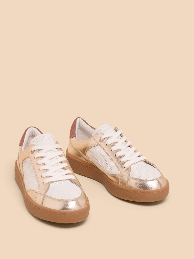 Dahlia Leather Trainer in GLD TN MET - FLAT FRONT
