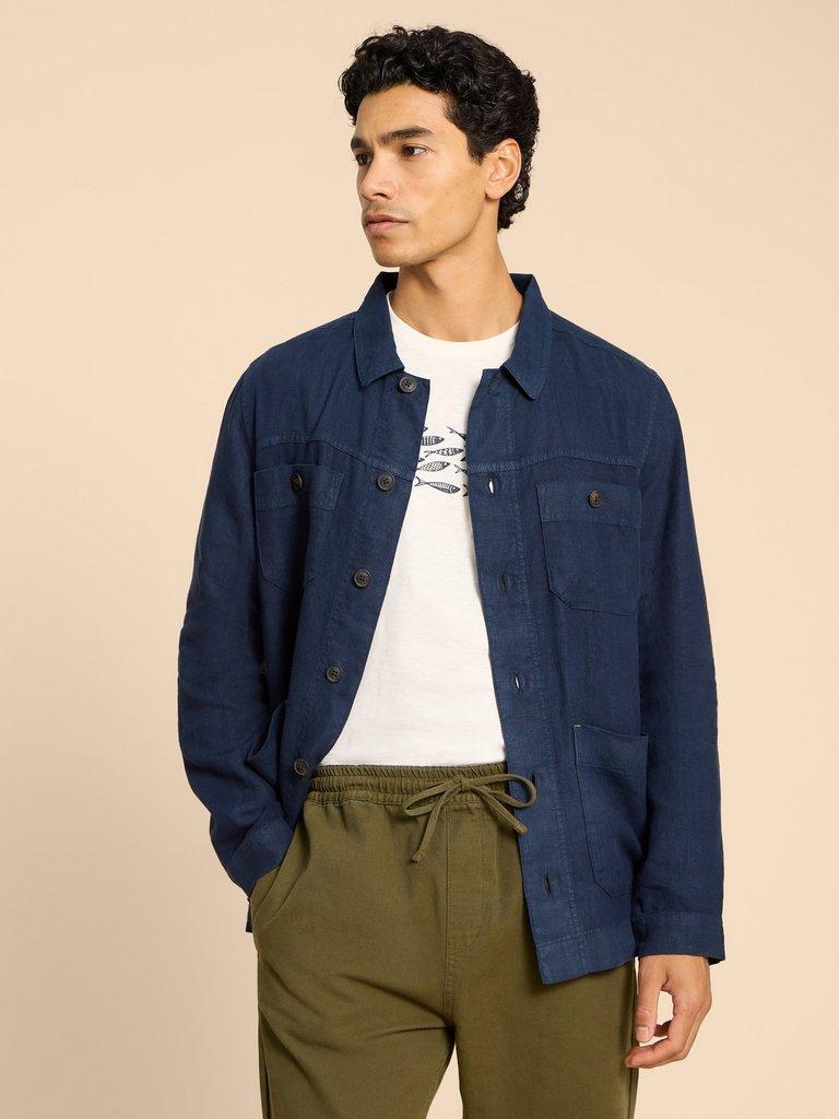 Linen Chore Jacket in DARK NAVY - MODEL FRONT