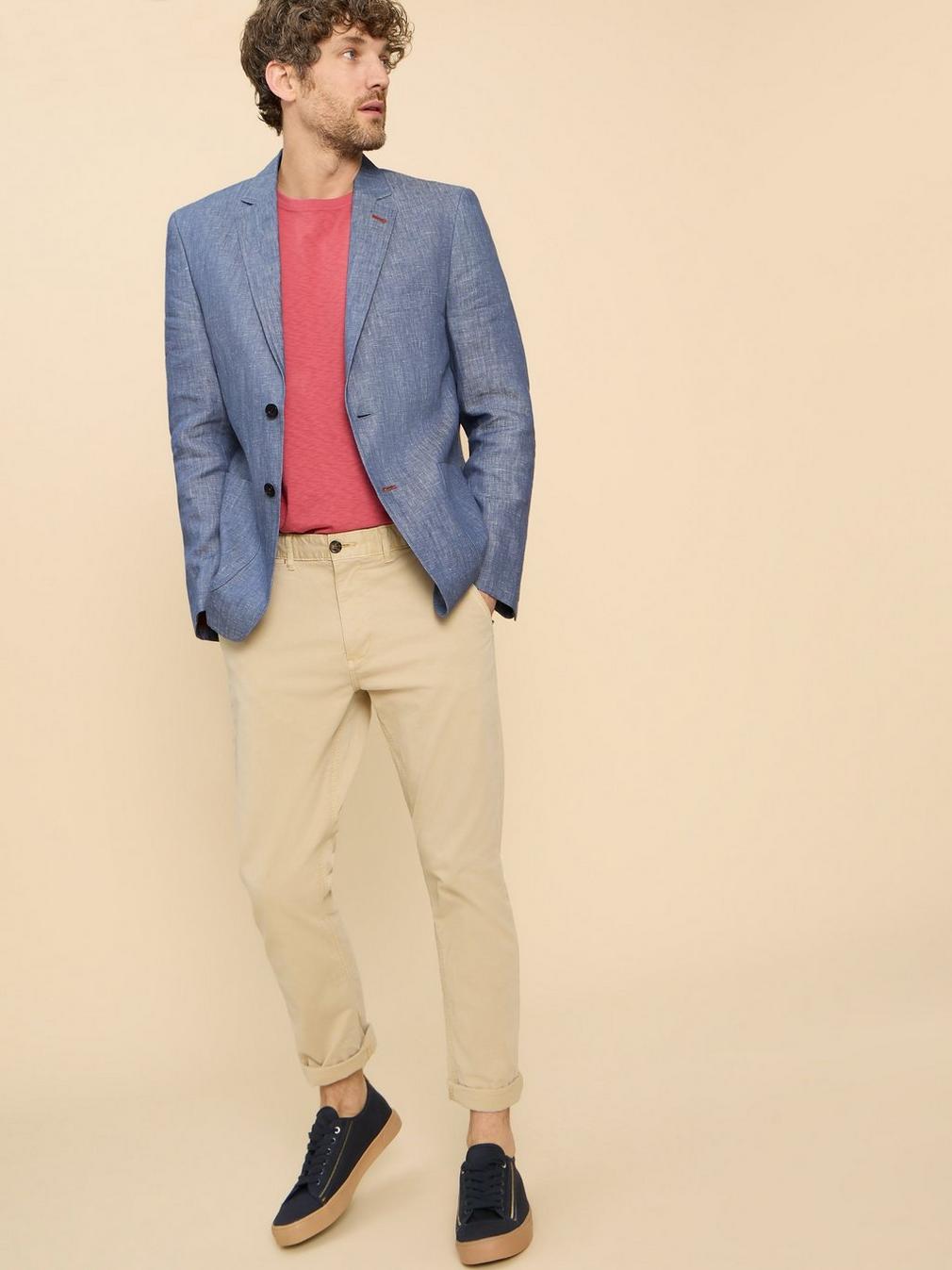 Linen Blazer in MID BLUE - MODEL FRONT