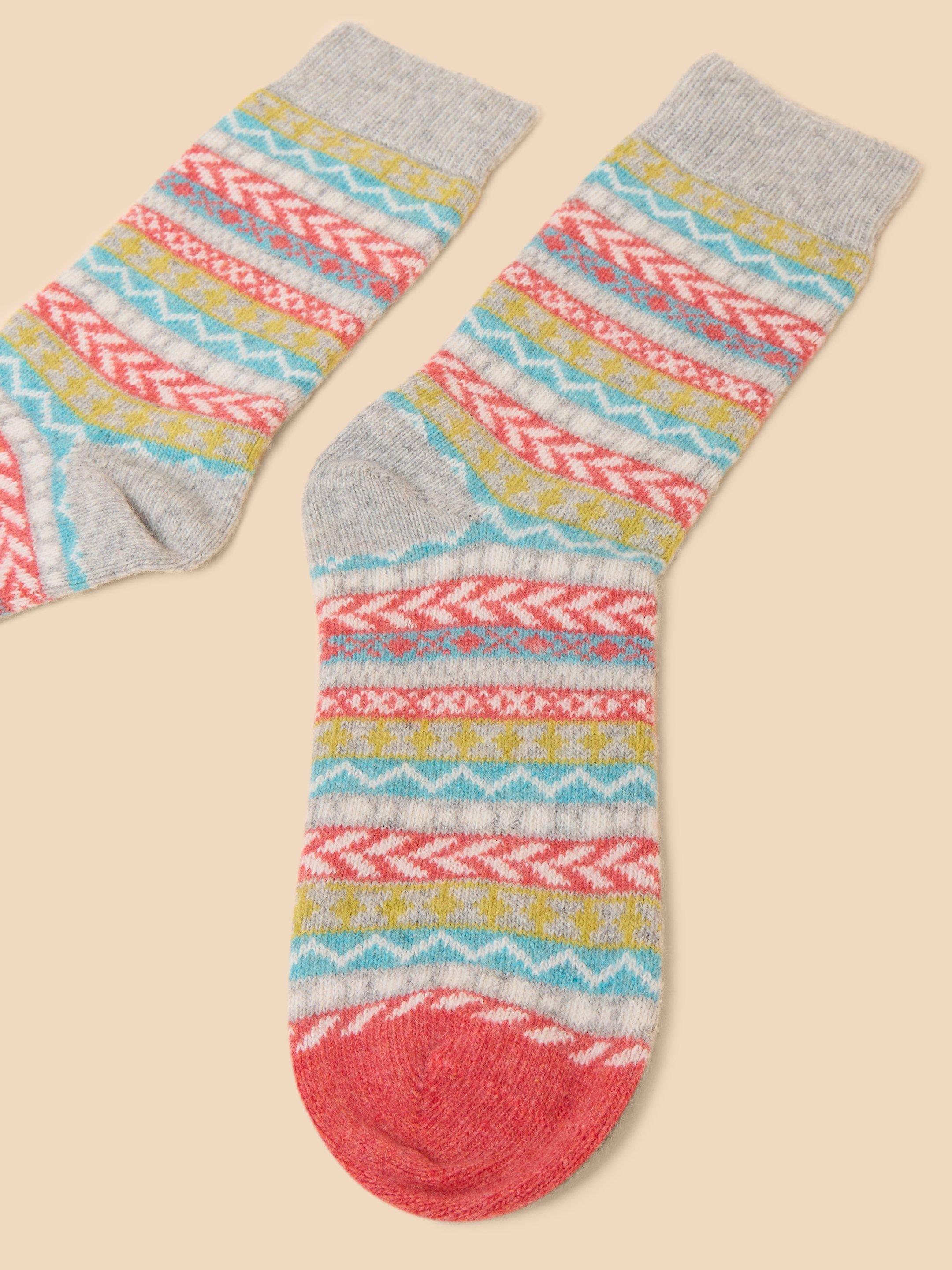 Fairisle Mix Pop Wool Socks in GREY MLT - FLAT DETAIL