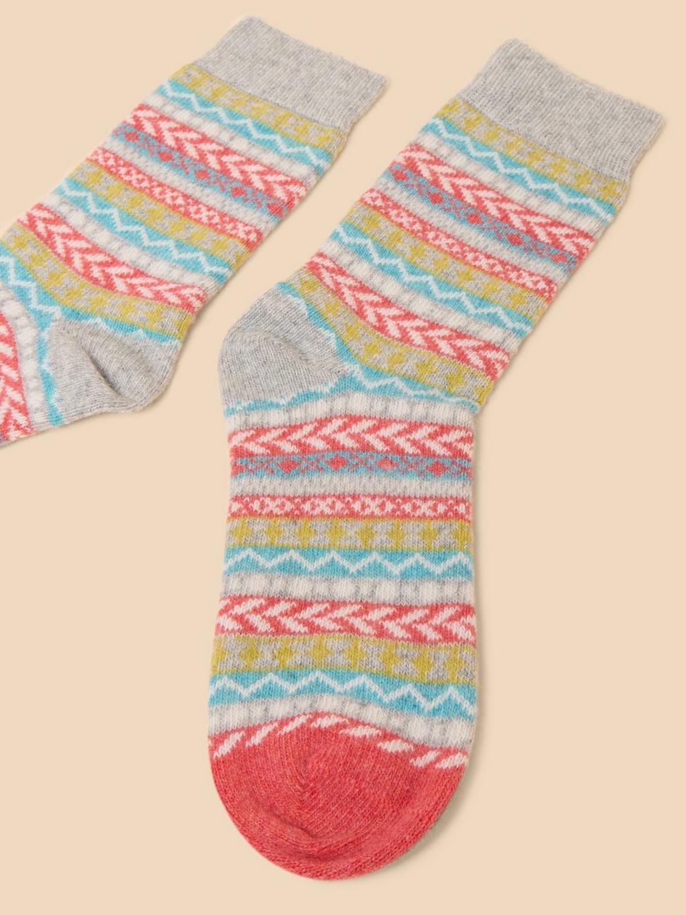 Fairisle Mix Pop Wool Socks in GREY MLT - FLAT DETAIL