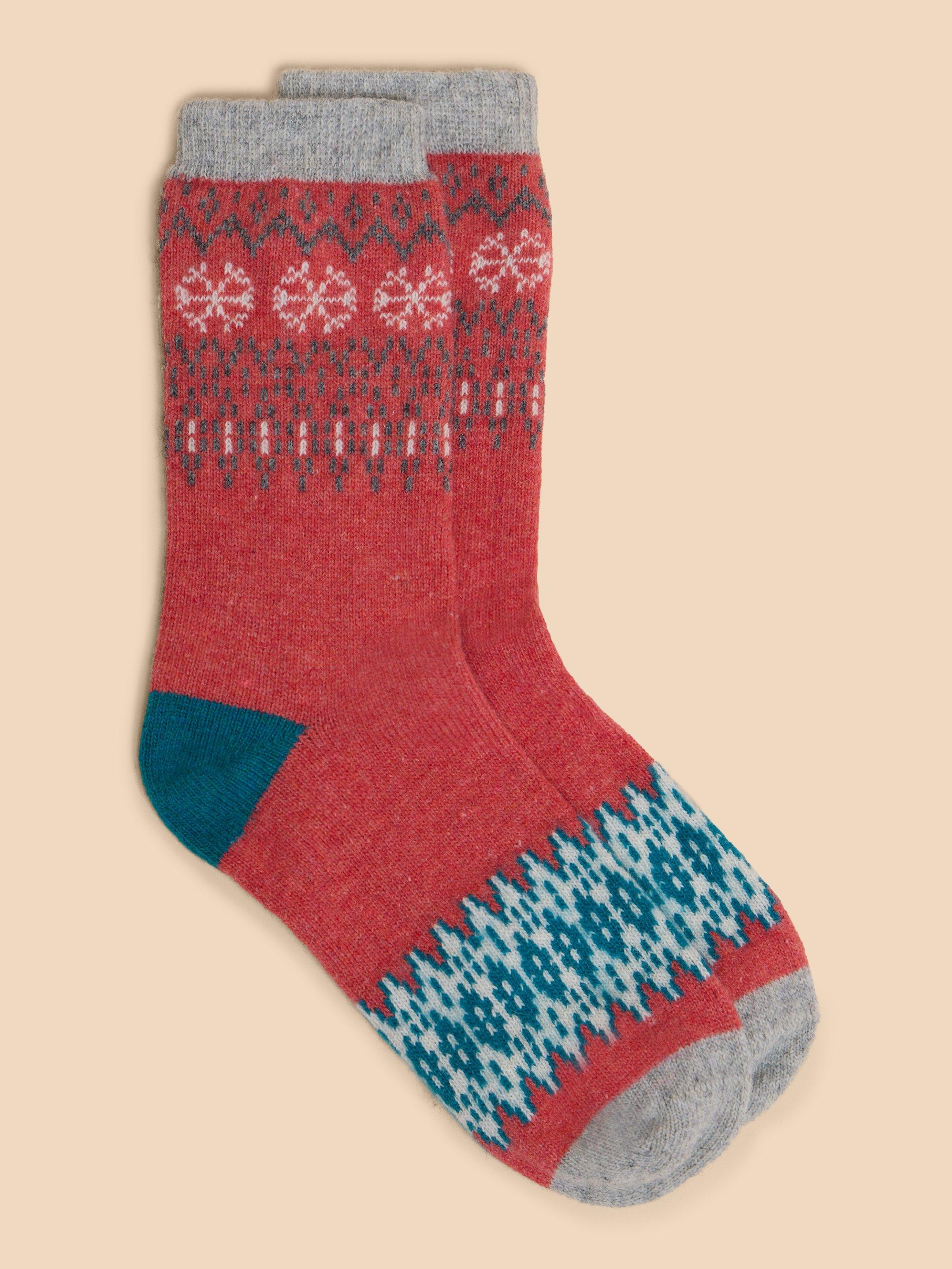 Fairisle Mix Wool Socks in MID PINK - MODEL FRONT