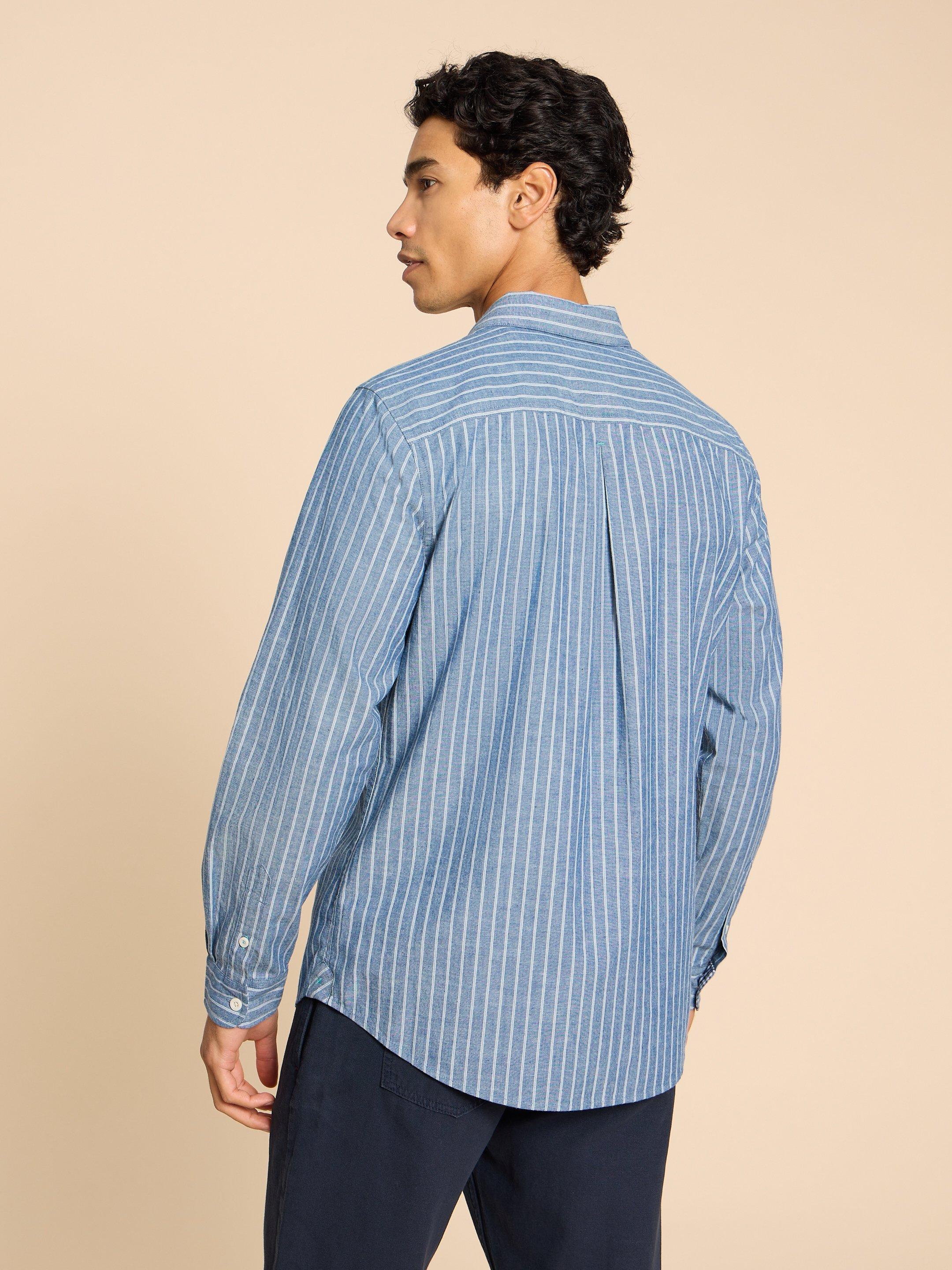 Stripe LS Shirt in CHAMB BLUE - MODEL BACK
