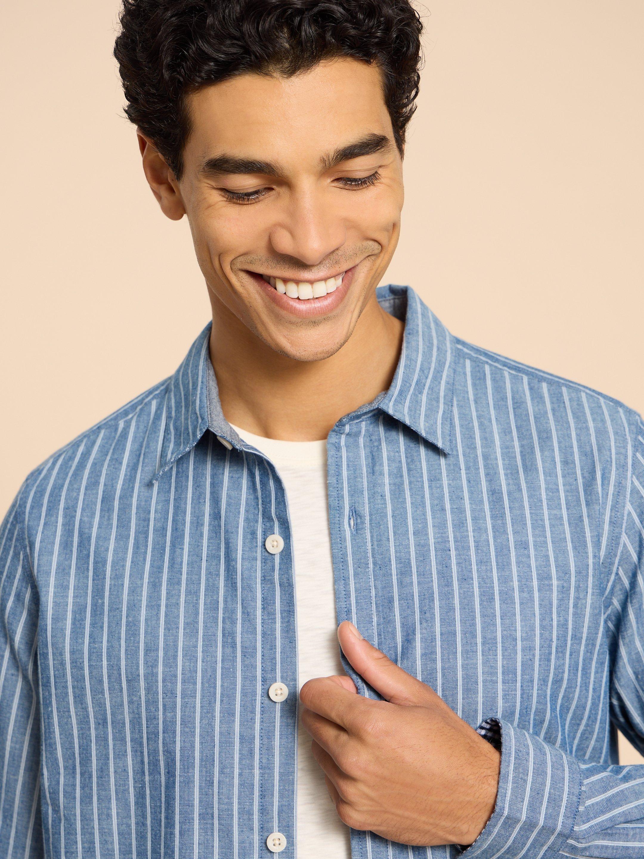Stripe LS Shirt in CHAMB BLUE - MODEL DETAIL