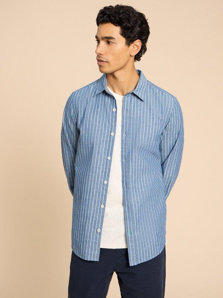 Stripe LS Shirt in CHAMB BLUE - MODEL FRONT