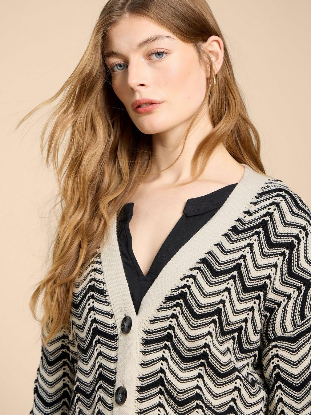 STELLA CHEVRON CARDI in WHITE MLT - MODEL DETAIL