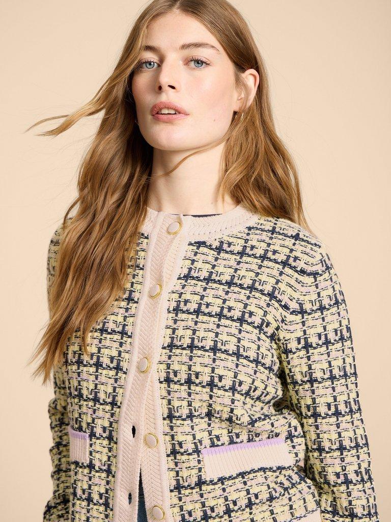 KELLY TEXTURED CARDI in WHITE MLT - MODEL DETAIL