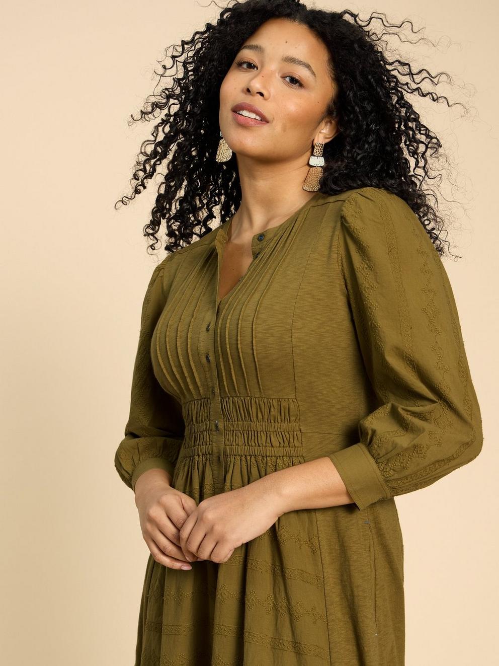 Celeste Jersey Round Neck Dress in KHAKI GRN - MODEL DETAIL