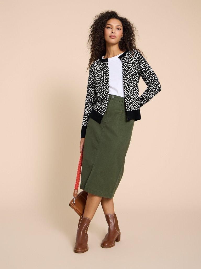 LULU PATTERN CARDI in BLK MLT - MODEL FRONT