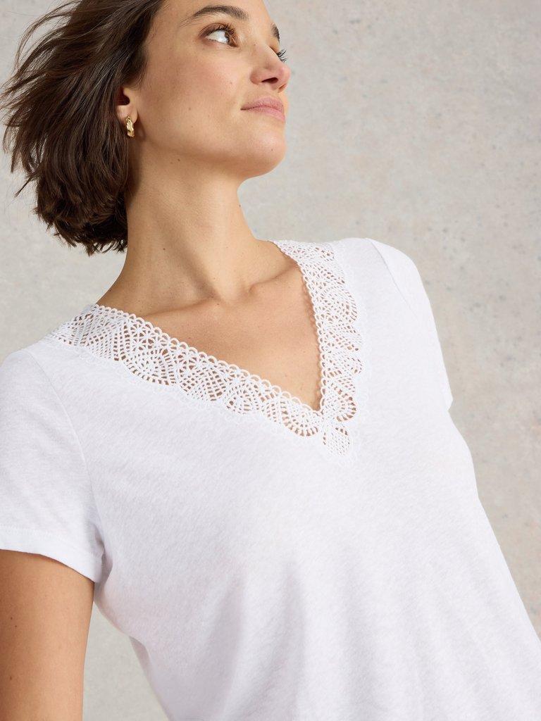 Ellie Linen Blend Lace Tee in BRIL WHITE - MODEL DETAIL