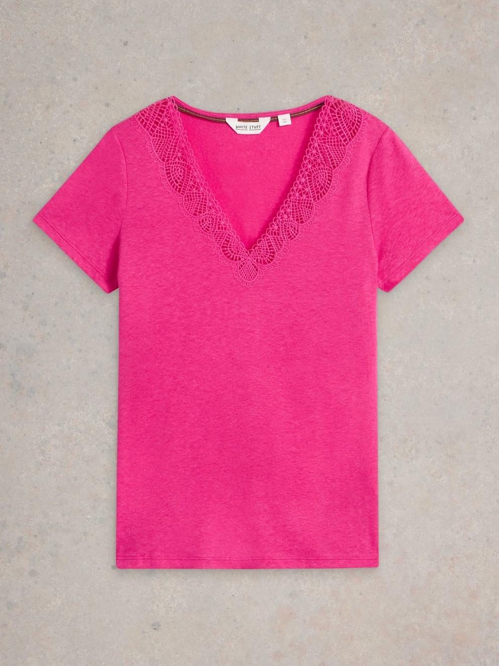 Ellie Linen Blend Lace Tee in BRT PINK - FLAT FRONT