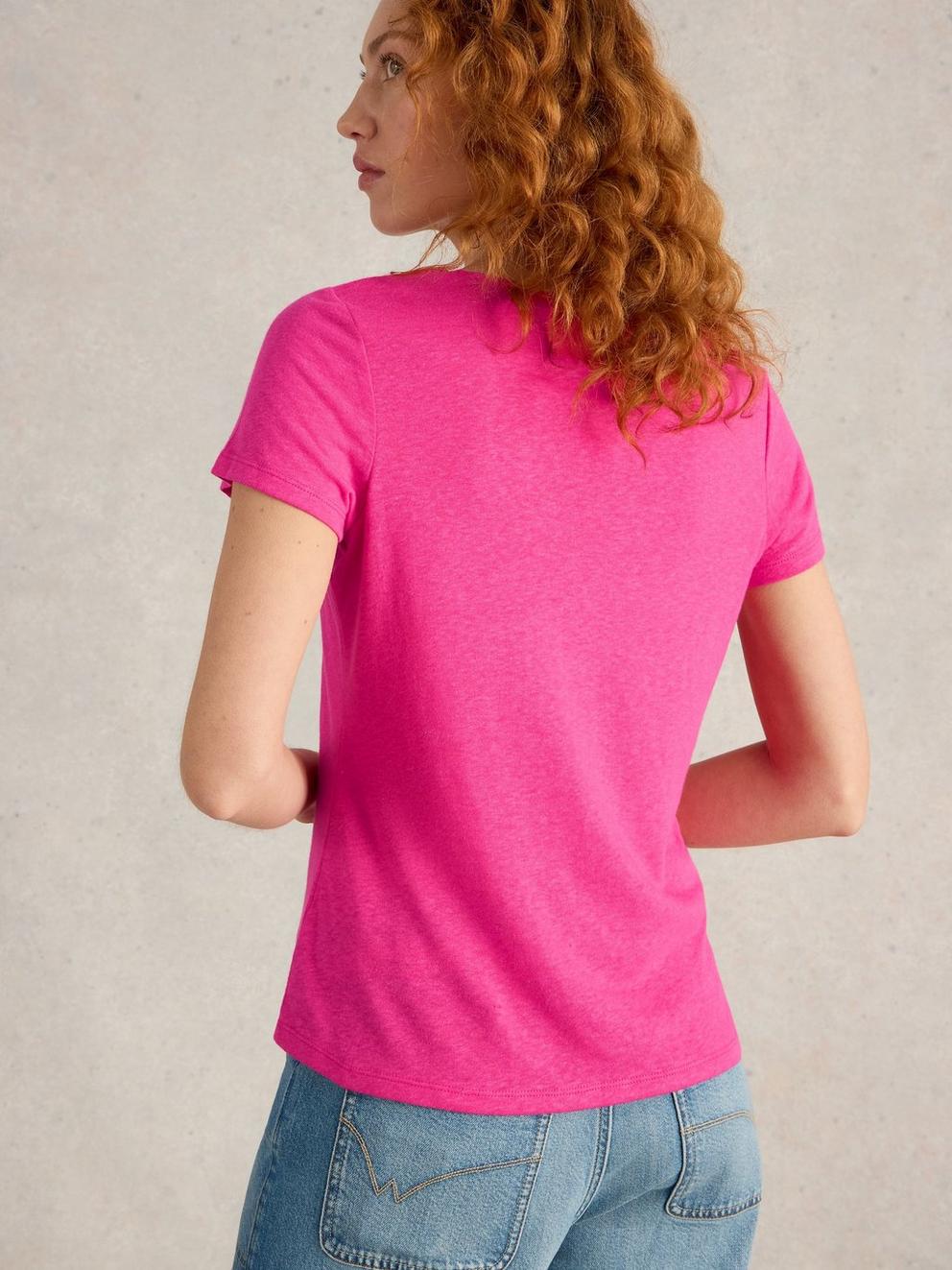 Ellie Linen Blend Lace Tee in BRT PINK - MODEL BACK