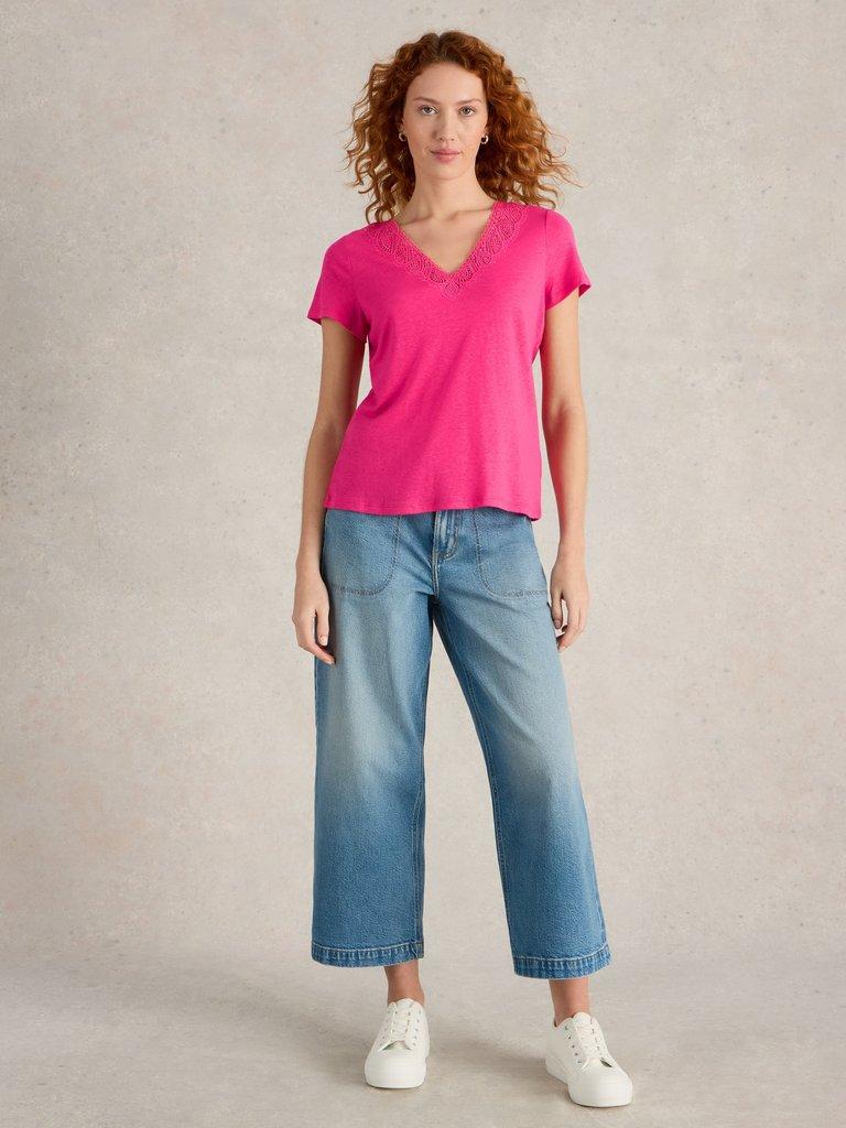 Ellie Linen Blend Lace Tee in BRT PINK - MODEL FRONT